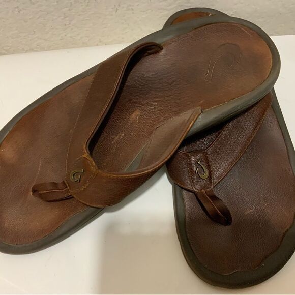 OluKai Kupuna Flip Flop Sandals Brown Leather Men’s Size 11M GUC main image 8
